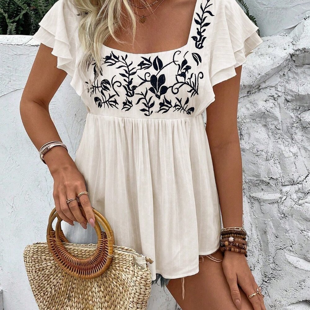 Apricot Boho Women's Square Neck Embroidered Short Sleeve Shirt Peplum Top - Picture 6 of 6